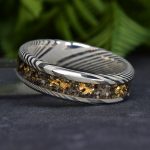 Damascus Steel Ring with Concrete and 24k Yellow Gold Pieces Inlay