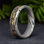 Damascus Steel Ring with Concrete and 24k Yellow Gold Pieces Inlay