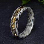 Damascus Steel Ring with Concrete and 24k Yellow Gold Pieces Inlay