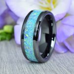Black Ceramic Wedding Ring with " Rainbow " Opal Inlay