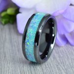 Black Ceramic Wedding Ring with " Rainbow " Opal Inlay