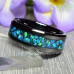 Black Ceramic Wedding Ring with Antimonite Crystals & Ocean Blue Opal