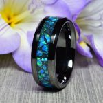 Black Ceramic Wedding Ring with Antimonite Crystals & Ocean Blue Opal