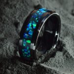 Black Ceramic Wedding Ring with Antimonite Crystals & Ocean Blue Opal