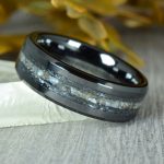 Black Ceramic Wedding Ring with Mother of Pearl center and Antimonite Crystal lines