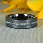 Black Ceramic Wedding Ring with Mother of Pearl center and Antimonite Crystal lines