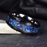 Black Ceramic Wedding Ring with Meteorite Black Tourmaline and Lavender Opal Inlay Ring for Womens and Mens