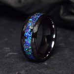 Black Ceramic Wedding Ring with Meteorite Black Tourmaline and Lavender Opal Inlay Ring for Womens and Mens