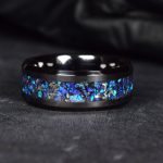 Black Ceramic Wedding Ring with Meteorite Black Tourmaline and Lavender Opal Inlay Ring for Womens and Mens