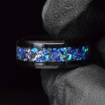 Black Ceramic Wedding Ring with Meteorite Black Tourmaline and Lavender Opal Inlay Ring for Womens and Mens