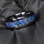 Black Ceramic Wedding Ring with Meteorite Black Tourmaline and Lavender Opal Inlay Ring for Womens and Mens