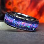 Black Ceramic Wedding Ring with Sunstone, Purple Opal and Blue Opal Mix - Galaxy Style