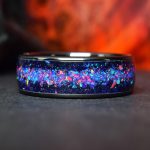 Black Ceramic Wedding Ring with Sunstone, Purple Opal and Blue Opal Mix - Galaxy Style