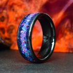 Black Ceramic Wedding Ring with Sunstone, Purple Opal and Blue Opal Mix - Galaxy Style