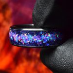 Black Ceramic Wedding Ring with Sunstone, Purple Opal and Blue Opal Mix - Galaxy Style