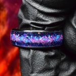 Black Ceramic Wedding Ring with Sunstone, Purple Opal and Blue Opal Mix - Galaxy Style