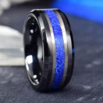 Black Ceramic Wedding Ring with Lapis Lazuli and Turquoise between Silver Lines
