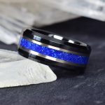 Black Ceramic Wedding Ring with Lapis Lazuli and Turquoise between Silver Lines