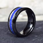 Black Ceramic Wedding Ring with Lapis Lazuli and Turquoise between Silver Lines