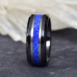 Black Ceramic Wedding Ring with Lapis Lazuli and Turquoise between Silver Lines