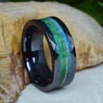 Hammered Black Ceramic Wedding Ring with Birch Wood and Gold Opal Inlay
