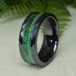 Hammered Black Ceramic Wedding Ring with Birch Wood and Gold Opal Inlay