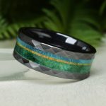 Hammered Black Ceramic Wedding Ring with Birch Wood and Gold Opal Inlay
