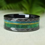 Hammered Black Ceramic Wedding Ring with Birch Wood and Gold Opal Inlay
