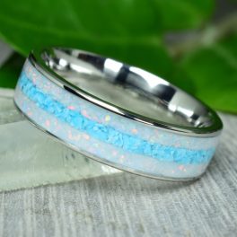   Nemesacél gyűrű, fehér opál és türkiz berakással, 7 mm