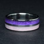 Nemesacél karikagyűrű, ametiszt és pink opál/ rózsakvarc berakással