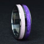 Nemesacél karikagyűrű, ametiszt és pink opál/ rózsakvarc berakással