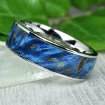 Stainless Steel Wedding Ring with Blue Karelian Birch Wood Inlay
