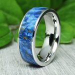 Stainless Steel Wedding Ring with Blue Karelian Birch Wood Inlay