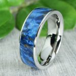 Stainless Steel Wedding Ring with Blue Karelian Birch Wood Inlay