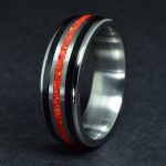 Titanium Wedding Ring with Black Obsidian and Ruby Red Opal Center
