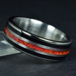 Titanium Wedding Ring with Black Obsidian and Ruby Red Opal Center