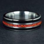 Titanium Wedding Ring with Black Obsidian and Ruby Red Opal Center