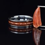 Titanium Wedding Ring with Mahogany Wood and Spinosaur Dinosaur Tooth