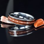Titanium Wedding Ring with Mahogany Wood and Spinosaur Dinosaur Tooth