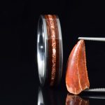 Titanium Wedding Ring with Mahogany Wood and Spinosaur Dinosaur Tooth