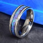 Titanium Wedding Ring with Purple Opal and Mother Of Pearl Pieces Inlay