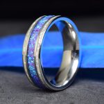 Titanium Wedding Ring with Purple Opal and Mother Of Pearl Pieces Inlay