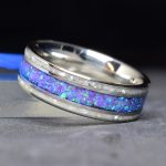 Titanium Wedding Ring with Purple Opal and Mother Of Pearl Pieces Inlay