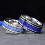 Titanium Wedding Ring with Purple Opal and Mother Of Pearl Pieces Inlay