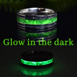   Titanium Wedding Ring with Green Emerald & Aurora Green Glow with Antimonite crystal sides
