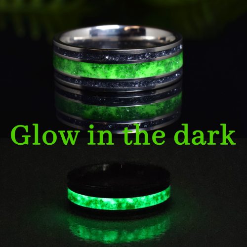 Titanium Wedding Ring with Green Emerald & Aurora Green Glow with Antimonite crystal sides