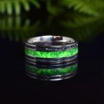 Titanium Wedding Ring with Green Emerald & Aurora Green Glow with Antimonite crystal sides