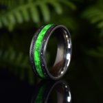 Titanium Wedding Ring with Green Emerald & Aurora Green Glow with Antimonite crystal sides