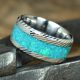 Damascus Steel Wedding Ring with Turquoise Color Opal Inlay
